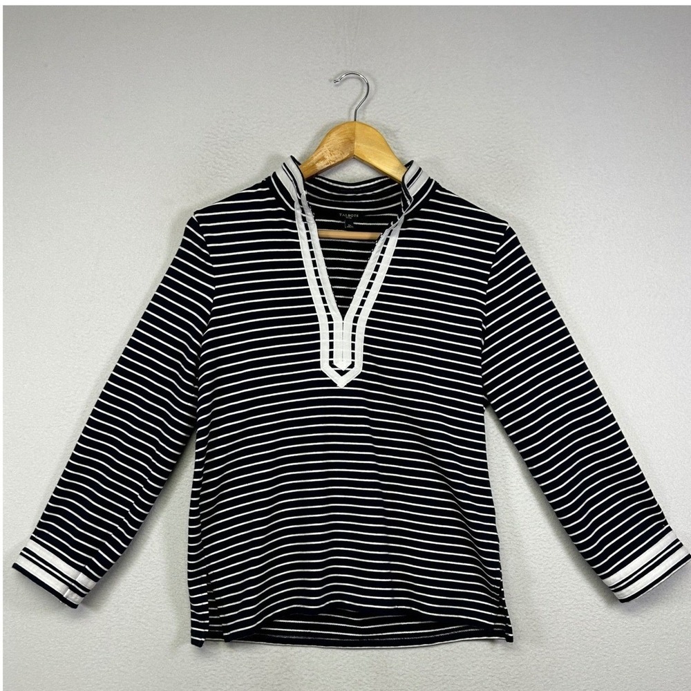 Nautical Preppy Talbots Women SP Navy White Striped Split Neck Knit Top Long Slv